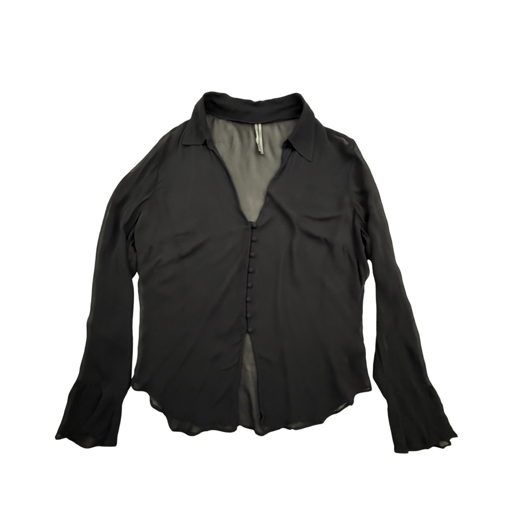 Anthropologie Blouse Women Large Black Sheer V-Neck Button Front Bell Sleeve